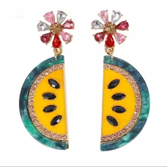 NWT Red Watermelon Crystal Drop Earrings / Yellow - Picture 4 of 4